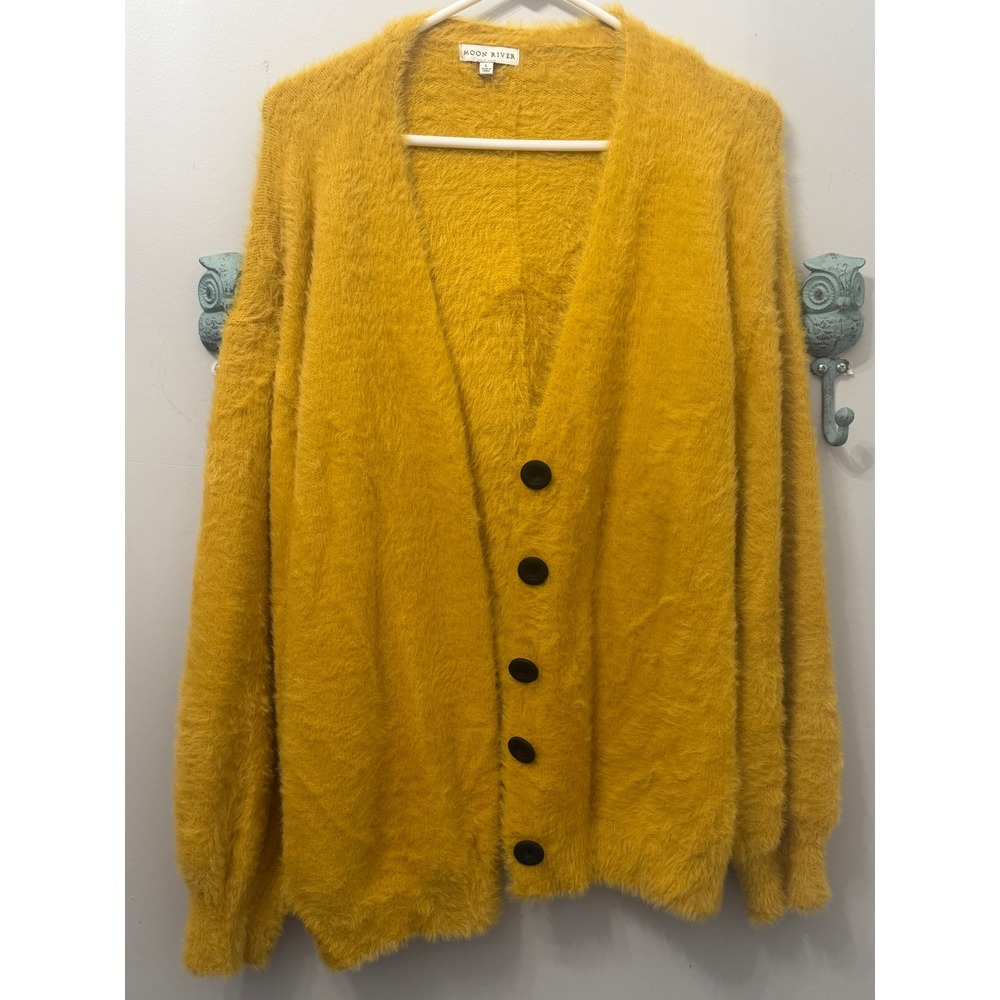Moon River Mustard Yellow Fuzzy Eyelash Knit Cardigan Sweater Jacket MR5687 L